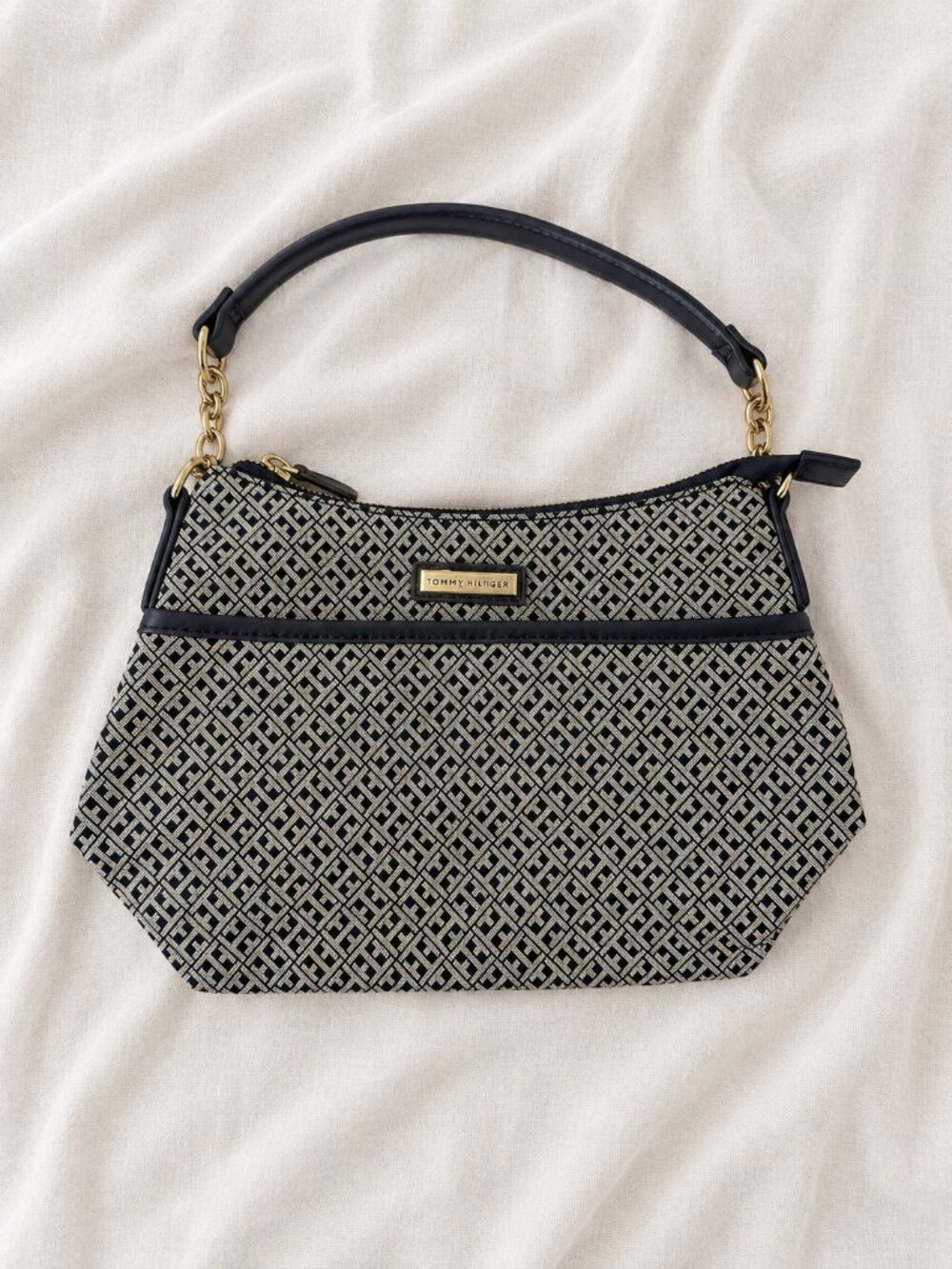Tommy Hilfiger Monogram Shoulder Bag | Navy & Ivory | Gold Hardware